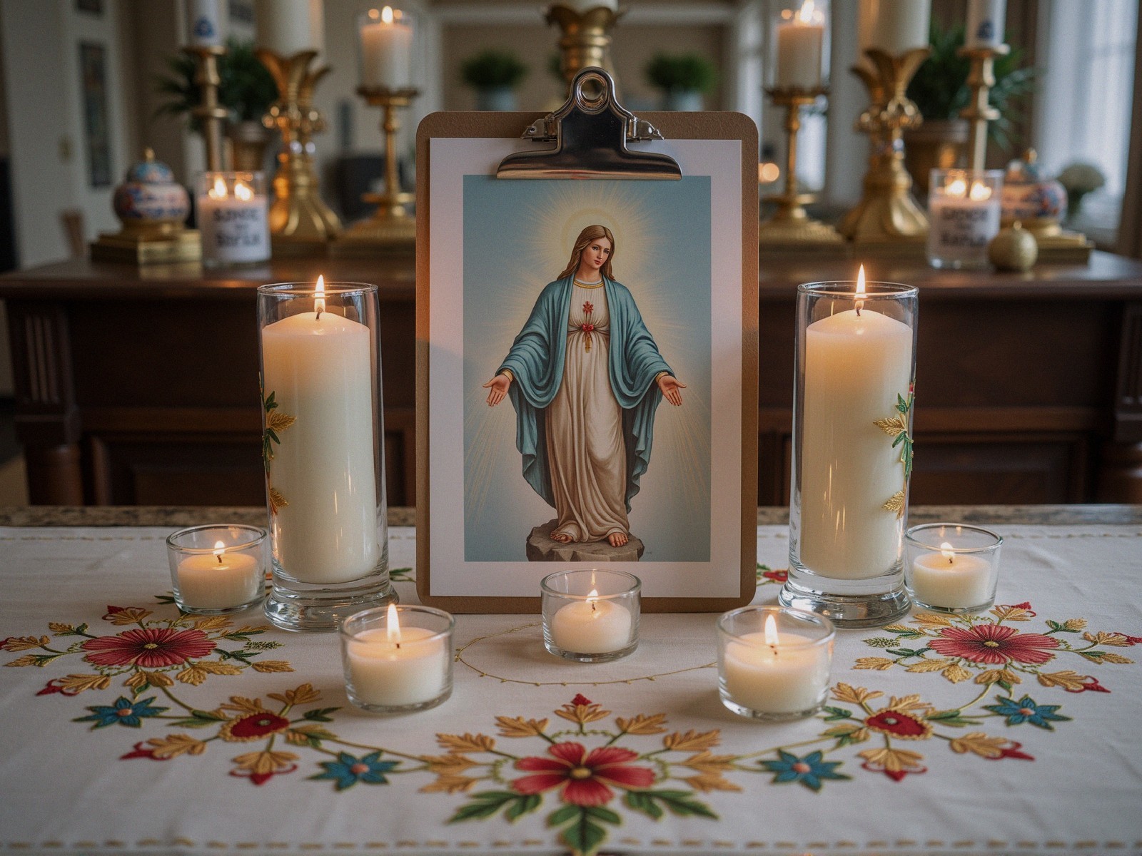 Serene altar with Virgin Mary and lit candles