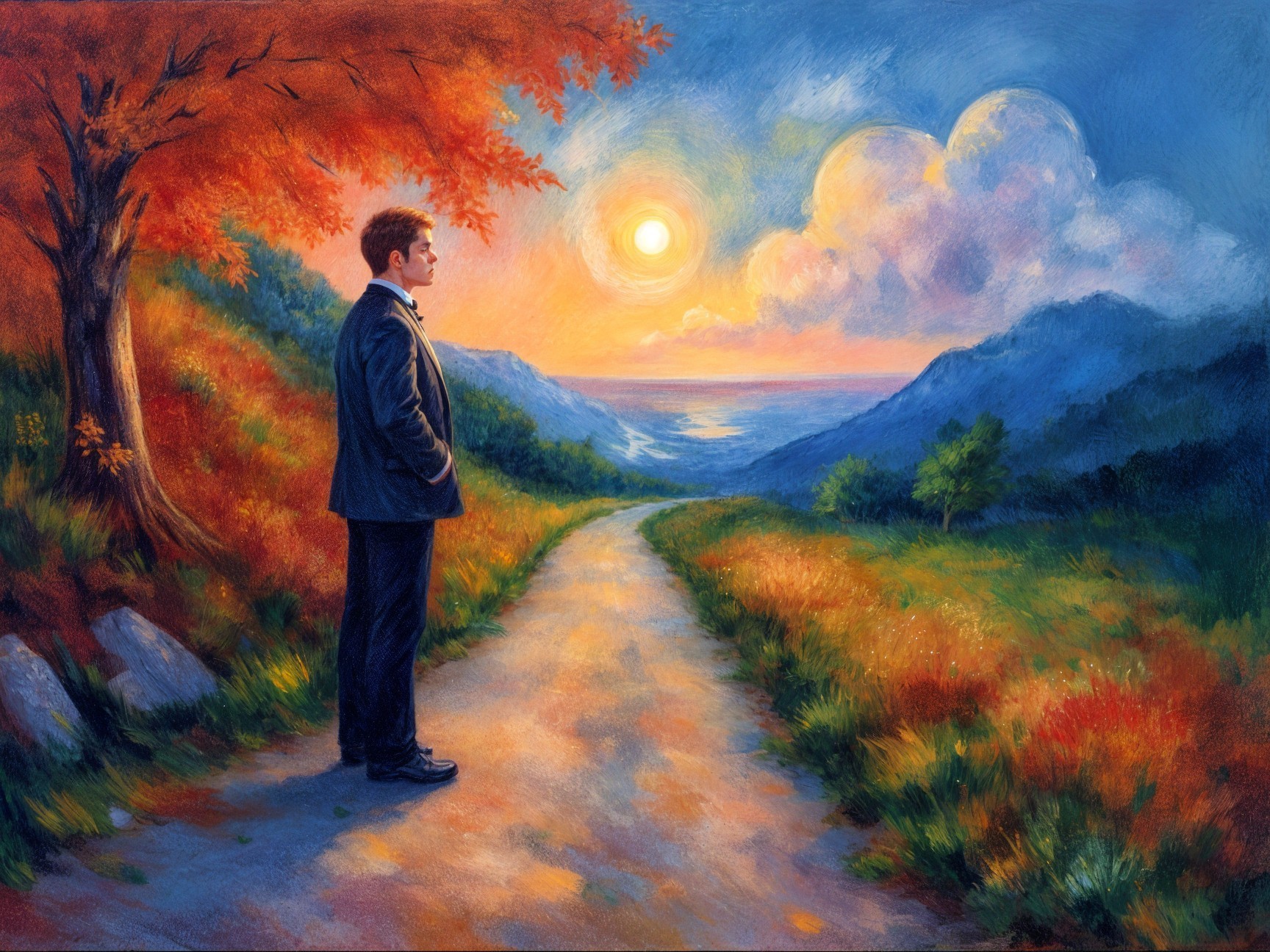 Man in Suit on Winding Path Surrounded by Autumn Trees