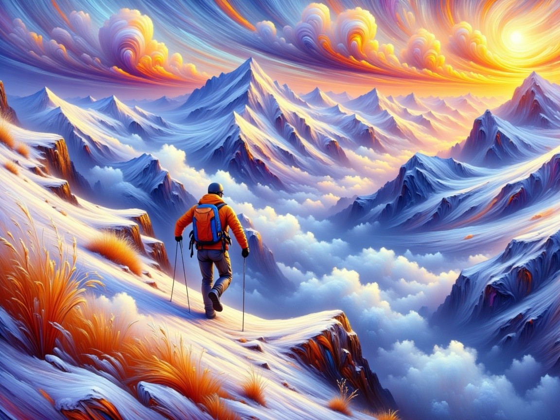 Hiker on Snowy Ridge at Colorful Sunset