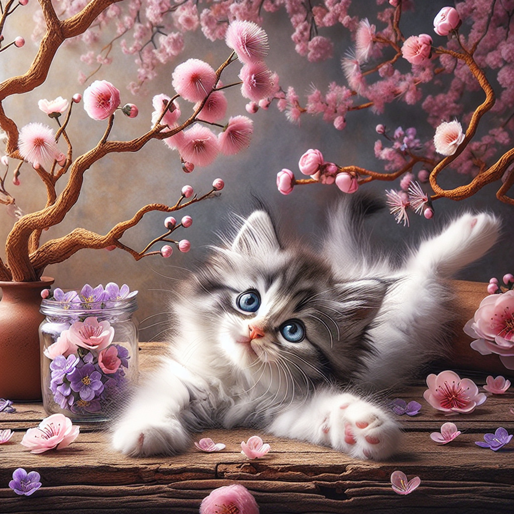 Playful Kitten Among Pink Blossoms and Twigs
