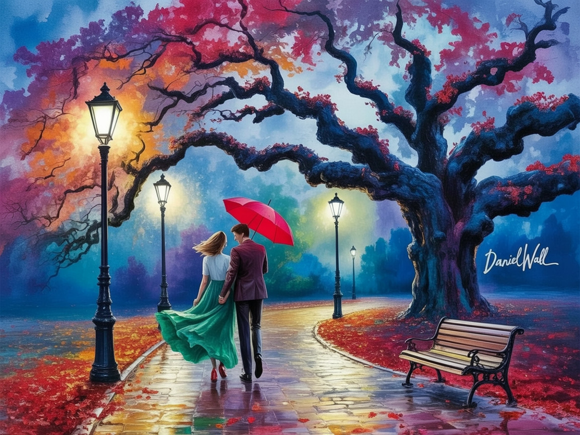 Couple Strolling in Autumn Park with Vintage Lamp Posts