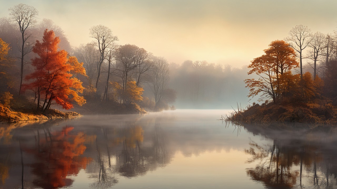 Tranquil Lakeside Scene at Dawn with Autumn Foliage
