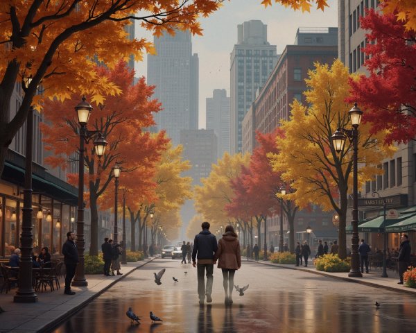 Autumn Street Scene with Vibrant Trees and Cafés