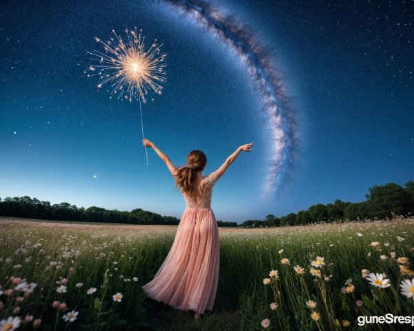 Woman in pink dress with sparkler in daisy field
