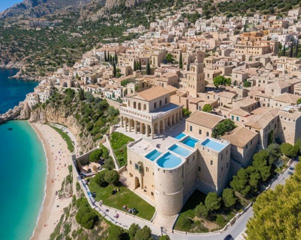Coastal View of Mediterranean Village and Beach Scene