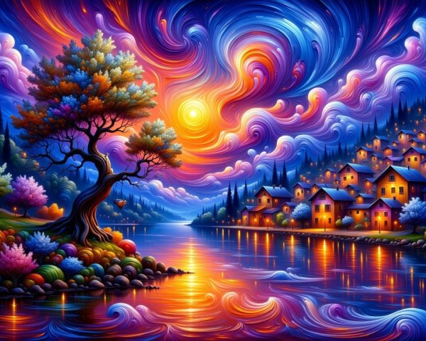 Vibrant Lakeside Sunset Landscape with Cozy Village