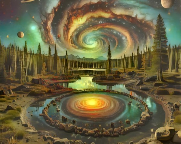 Surreal Cosmic Landscape with Forest and Reflective Water