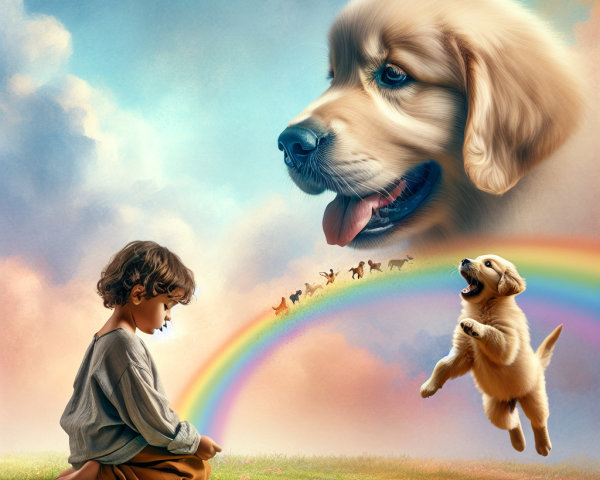 Child and Dogs in a Whimsical Rainbow Scene