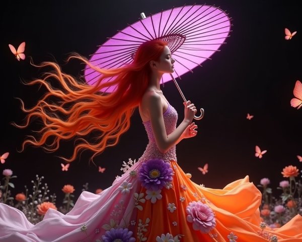 Graceful Figure in Floral Gown with Purple Umbrella