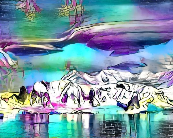 Abstract Landscape of Icy Mountains and Colorful Sky