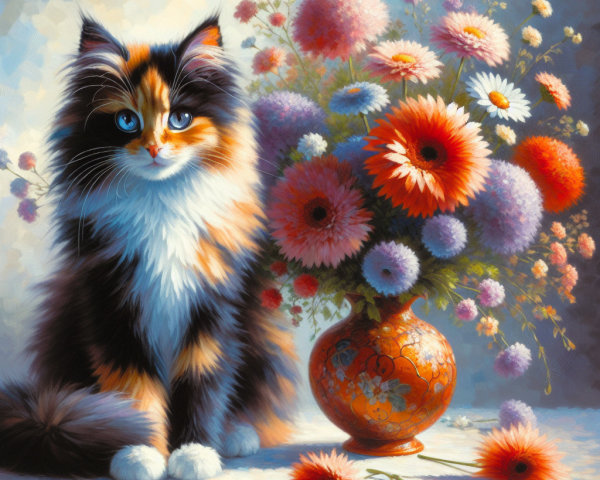 Calico Cat with Colorful Flower Bouquet in Vase