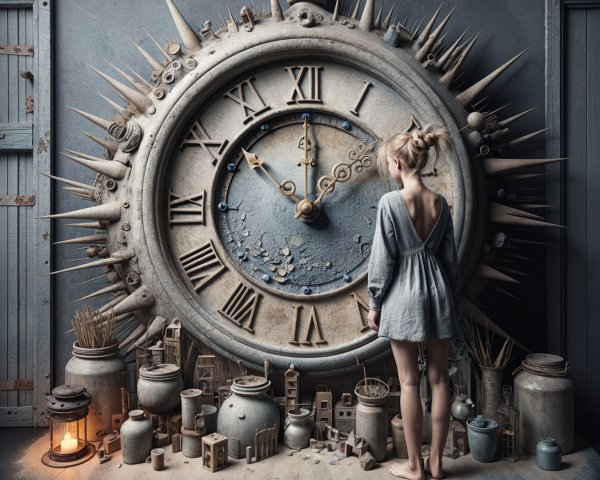 Young girl in front of ornate clock in dim room