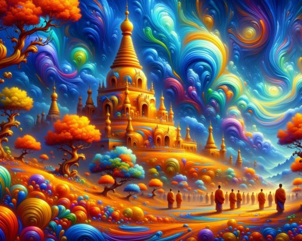 Vibrant Landscape with Majestic Temple and Monks