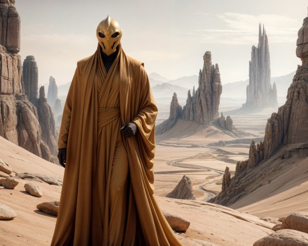 Mysterious Figure in Golden Robe in Desert Landscape