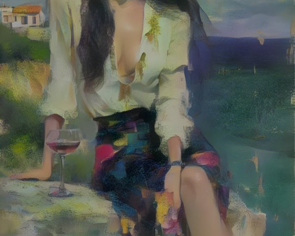 Woman in Colorful Skirt by Serene Coastal Water