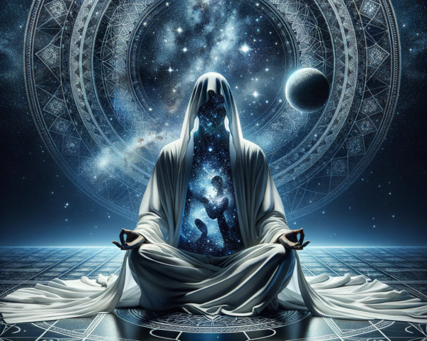 Meditative Figure in Cosmic Landscape with Geometric Patterns