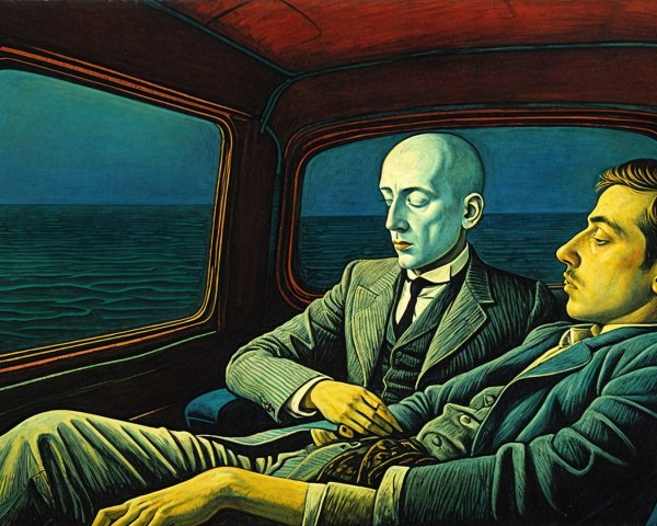 Men in an automobile overlooking a twilight ocean