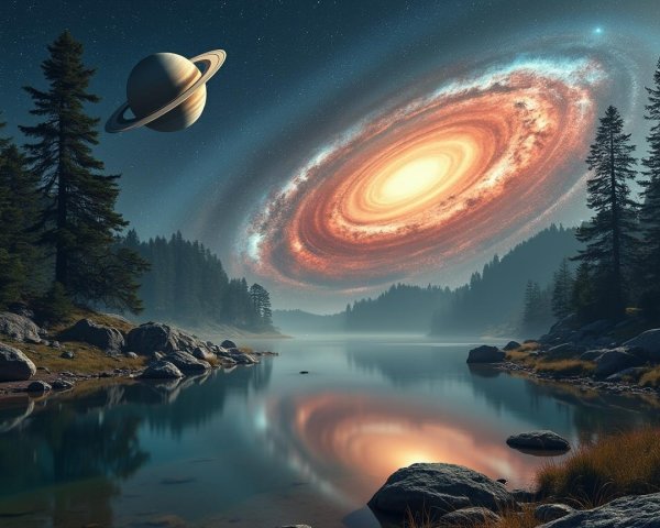 Serene Landscape with Lake and Starry Night Sky
