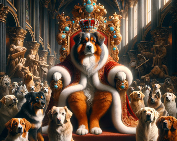 Regal Dog on Throne in Opulent Hall of Sculptures