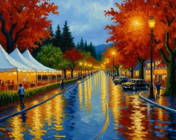 Vibrant Autumn Street Scene with Trees and Vintage Cars