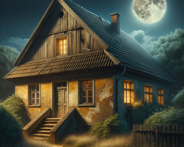 Weathered Wooden House Under Full Moonlight