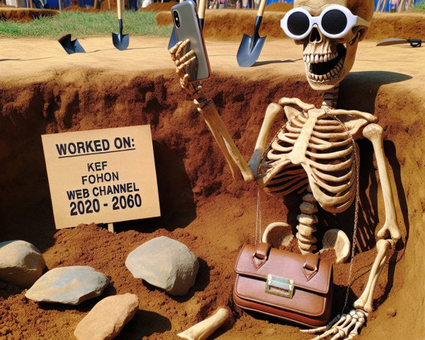 Skeleton in Sunglasses with Smartphone in Dug-Out Area