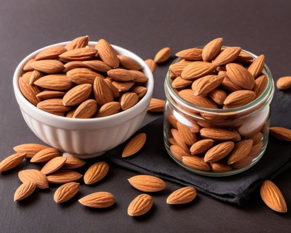 Textured Surface Displaying Almonds in Bowl and Jar