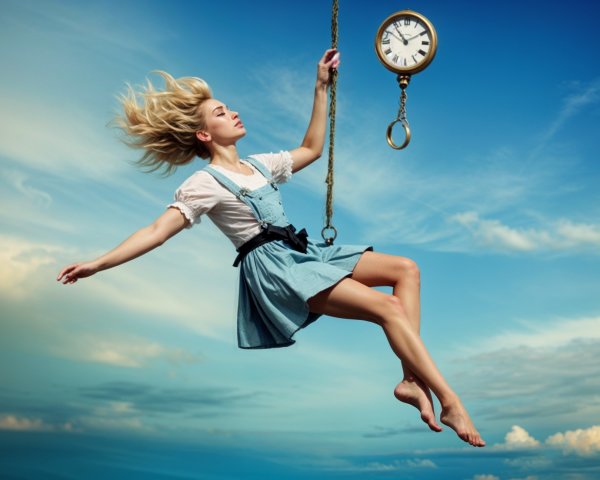 Young woman swinging with vintage clock in clear sky