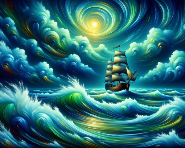 Majestic ship on vibrant waves under radiant sun