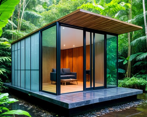 Modern Glass Cabin in Lush Jungle Setting
