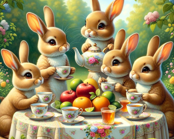 Rabbits Enjoying Afternoon Tea in a Garden Setting