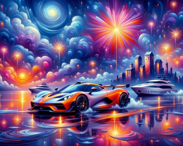 Vibrant Sports Car and City Skyline Fireworks Scene