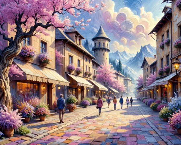 Charming Village Street with Blossoms and Mountains