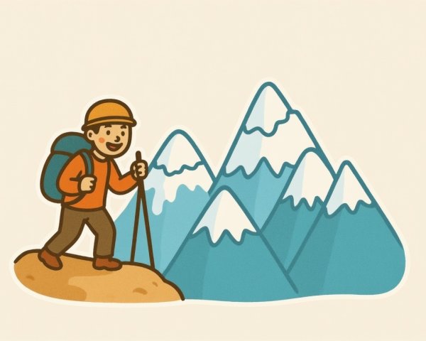 Cheerful hiker climbing rocky terrain with mountains