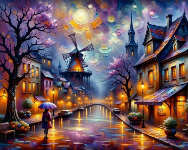 Dreamlike Village Scene at Dusk with Warm Lights