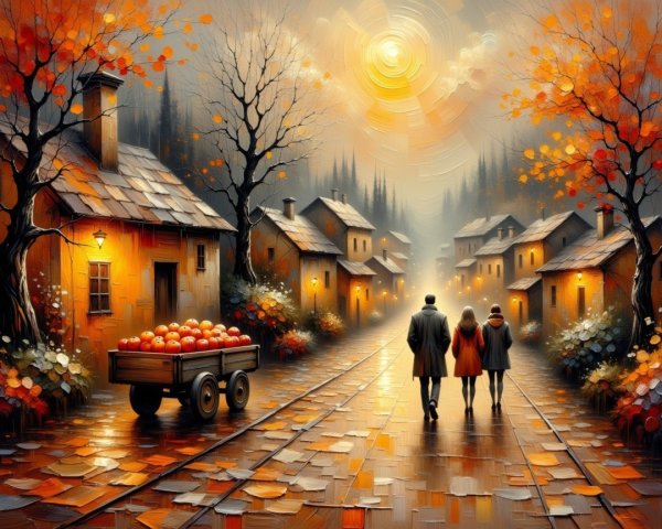Autumn Landscape with Figures on Cobblestone Street