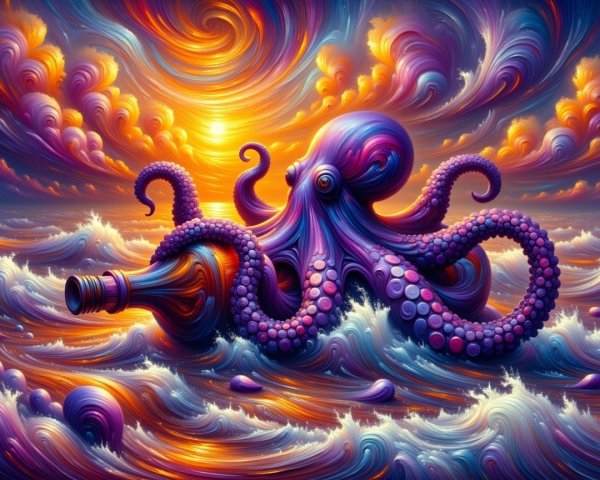 Surreal Octopus Emerges from Colorful Waves at Sunset