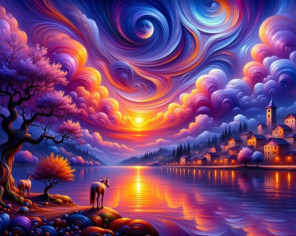 Vibrant sunset over a serene lake and village scene