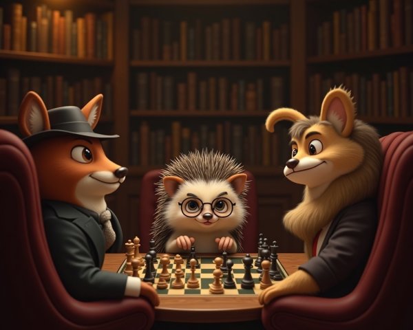 Animated Animals Playing Chess in a Cozy Library