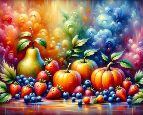 Colorful Still Life with Fruits and Pumpkins Arrangement