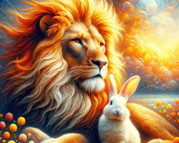 Surreal Landscape Featuring Lion and Rabbit Friendship