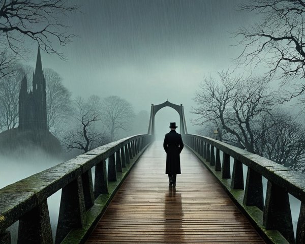 Misty Bridge Scene with Eerie Atmosphere and Rain