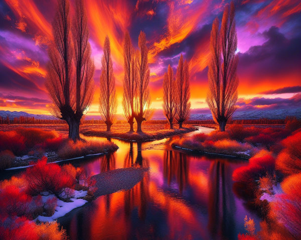 Vibrant Sunset Over Tranquil River with Silhouetted Trees