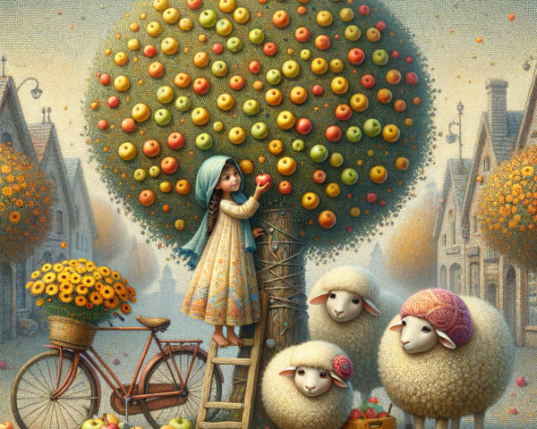 Village Scene with Girl, Apples, and Sheep