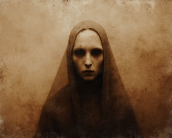 Haunting Portrait of a Veiled Figure in Dark Tones