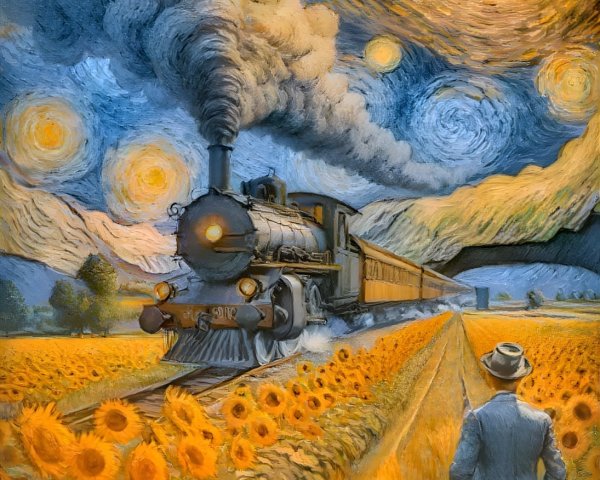 Vintage steam train on sunflower-lined track at night