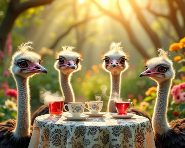 Whimsical Ostriches Enjoying Tea in a Flower Garden