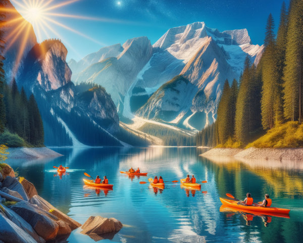 Serene Lake with Mountains and Kayakers at Sunrise