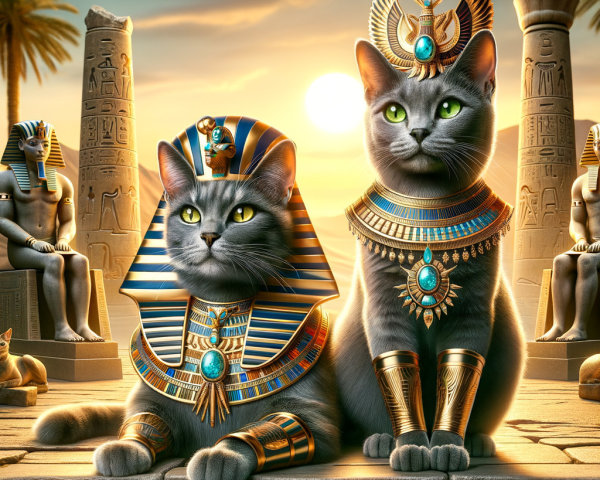 Gray Cats in Ancient Egyptian Setting with Statues