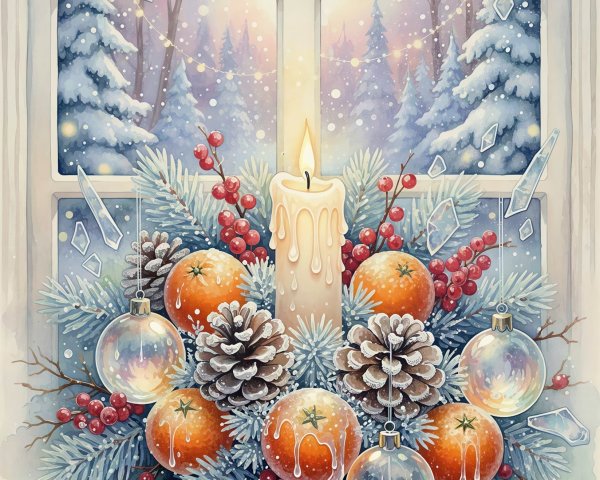 Candlelit Christmas Window with Winter Landscape Decor